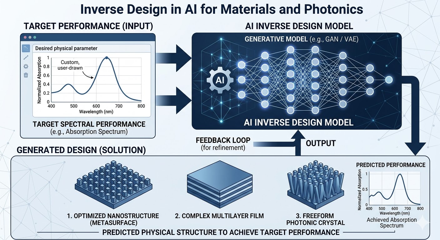 An example workflow for inverse design of multilayer optical thin films where an AI model has solved the difficult, multimodal optimization problem and provided a set of candidate designs that meet the design targets